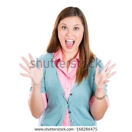 Closeup portrait of happy excited girl. Young beautiful woman smiling surprised, hands in air, amazed isolated on white background. Positive human emotions, face expressions, feelings, attitude