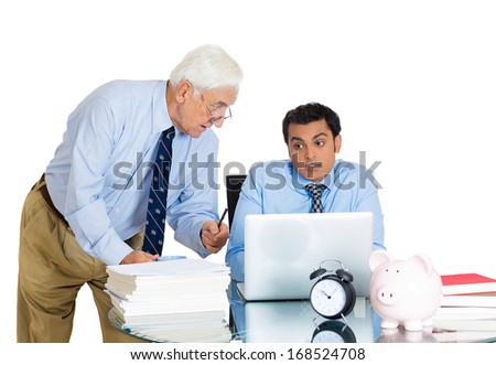 Closeup portrait of old elderly business man boss, checking on his young employee, pushing to work hard on project, who is in disagreement unhappy, isolated on white background. Conflict at work place