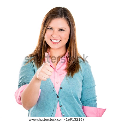 Closeup portrait of young successful smiling woman, a student being excited giving thumbs up, isolated on a white background. Positive human emotions, facial expressions, feelings, signs and symbols