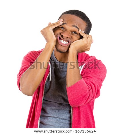Closeup portrait of shocked, horrified, worried, stressed, overwhelmed guy, student with hands on face, isolated on white background. Negative human face emotions, expressions, feelings, perception