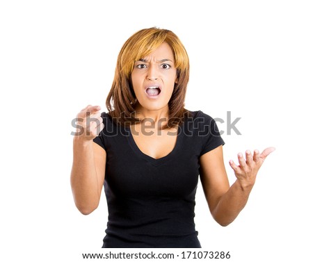 Closeup portrait of mad angry pissed off woman pointing with index finger, asking how could you  do something like this, isolated on white background. Negative emotion facial expression feelings