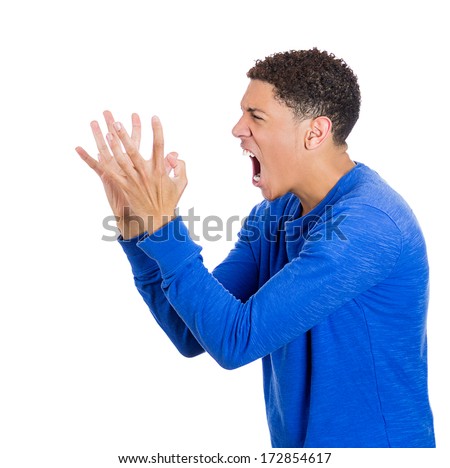 Closeup, side view profile portrait of angry man with hands in air, wide open mouth yelling, isolated on white background. Negative emotion, facial expression feelings. Conflict scandal problems