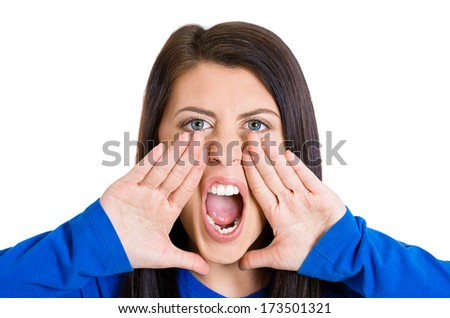 Closeup, cropped portrait of angry, screaming business woman, boss, student, worker, employee going through conflict in life, isolated on white background. Negative human emotions, facial expressions