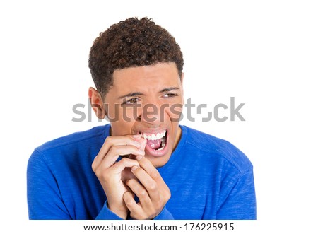 Closeup portrait of young man with tooth ache crown bridge problem about to cry from pain touching inside mouth with hand, isolated white background. Negative emotion facial expression feeling