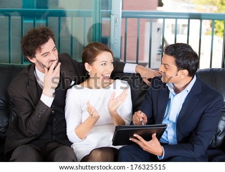 Picture Of A Manager, Financial Consultant, Banker Presenting To Young Smiling Married Couple, Business Investment Opportunity Plan, Isolated On Background Of City Buildings. Finance Smart Decisions.