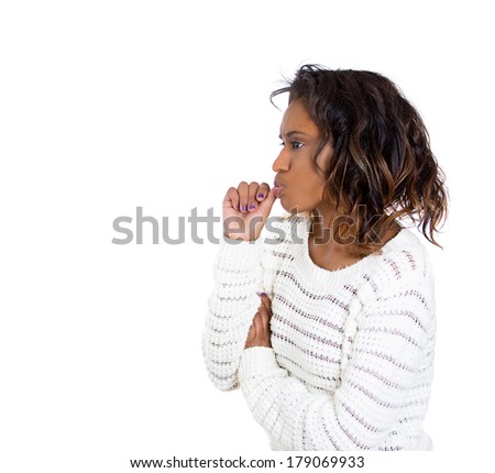 Closeup side view portrait of woman with finger in mouth, girl sucking thumb, biting fingernail in stress, deep thought, isolated on white background. Negative emotions, facial expressions, feelings