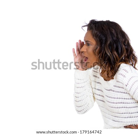 Closeup side view profile portrait of mad, angry, upset, hostile young woman, furious yelling, screaming hand to mouth, isolated on white background. Negative emotions, facial expressions reaction