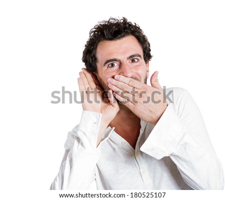 Closeup portrait of handsome, young, nosy, shocked, happy man hand to ear, mouth trying carefully secretly listen in on juicy gossip, conversation, news, privacy violation isolated on white background