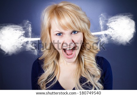 Closeup portrait of angry, pissed off, upset, mad business woman, student screaming steam going out from ears, isolated on blue, black background. Negative human face expressions, emotions, reaction