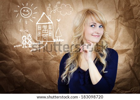 Closeup portrait woman, daydreaming about future life, relationship, big house, family, sunny days, isolated crumpled brown bag background. Positive emotion facial expression feeling attitude reaction
