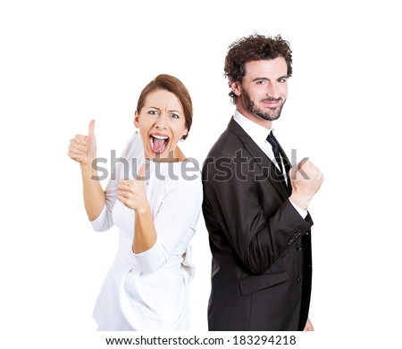 Closeup portrait happy, successful, smiling couple, man, woman celebrating financial victory, giving thumbs up, isolated white background. Positive human emotion, facial expression, reaction, attitude