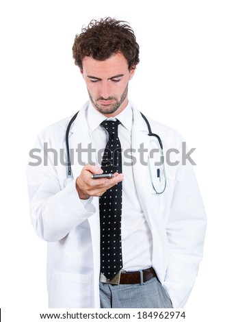 Closeup portrait healthcare professional, doctor, nurse, dentist, researcher, physician assistant, reading text sms, message on cell phone, isolated white background.