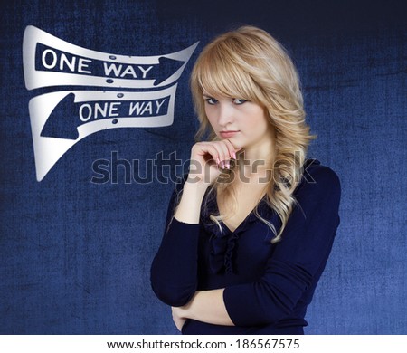 Closeup portrait confused, young woman thinking, deciding which way, where to go in life, isolated gray-blue background, thought bubble with directions. Emotion, facial expression, feelings, reaction