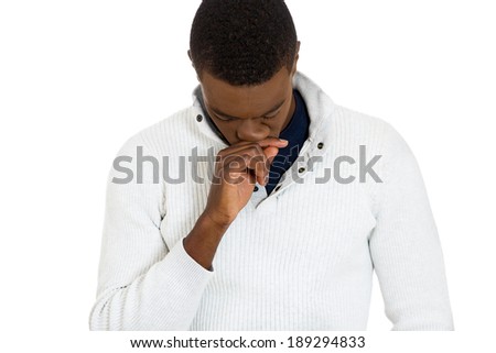 Closeup portrait, very sad depressed, stressed, alone, disappointed gloomy young man, looking down, having suicidal thoughts, isolated white background. Human emotion facial expression