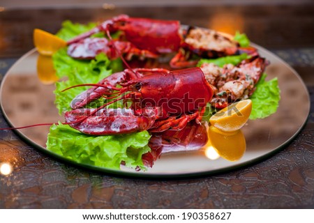 Closeup picture lobster dish plate, fresh Japanese restaurant seafood, tasty asian sea food. Traditional oriental gourmet, cuisine kitchen, diet, culture