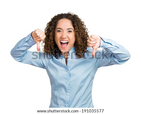 Closeup portrait, headshot sarcastic young woman showing thumbs down sign hand gesture, happy someone made mistake, lost, failed isolated white background. Negative emotion, facial expression feelings
