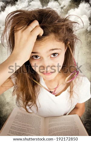 Closeup portrait confused unhappy, stressed tired funny looking little girl with messed up hair, holding book having multiple unanswered questions isolated clouds background. Facial expression emotion