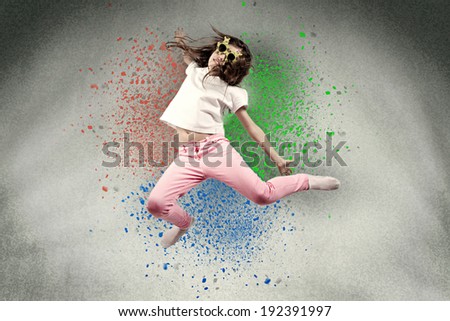Portrait cheerful, happy, cute, excited, joyful little girl with summer sunglasses, jumping against colored grey background. Positive human emotions, expressions, reaction, life perception, feelings