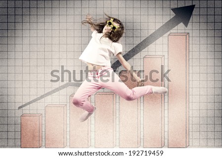 Portrait cheerful, happy, excited, joyful little girl with summer sunglasses, jumping against  background with profit, grades growth chart. Positive human emotion expression, reaction, life perception