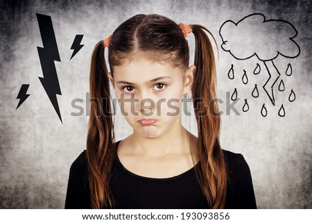Closeup portrait angry, sad, upset, grumpy, stressed little young girl, about have nervous breakdown, isolated black grey background. Negative human emotion facial expression feeling attitude reaction