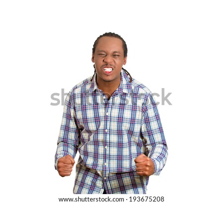 Closeup portrait, headshot angry man fists, arms raised wide open mouth, yelling, isolated white background. Negative emotion, facial expression, feeling, attitude perception. Conflict problems issues