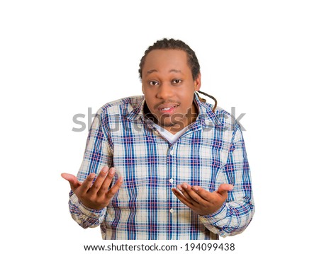 Closeup portrait upset, trying to keep calm guy, frustrated man, worker, employee, hands up in air attempting to prove his point isolated white background. Negative human emotion, facial expressions
