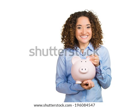 Closeup portrait happy beautiful business woman bank employee, student hugging piggy bank, excited open savings account isolated white background. Financial concept. Positive emotion facial expression
