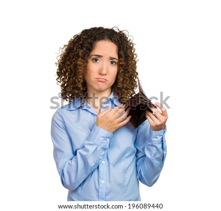 Closeup portrait stressed, upset, sad, unhappy young woman, funny lady standing showing empty wallet isolated white background. Financial difficulties, bad economy concept. Negative emotion expression