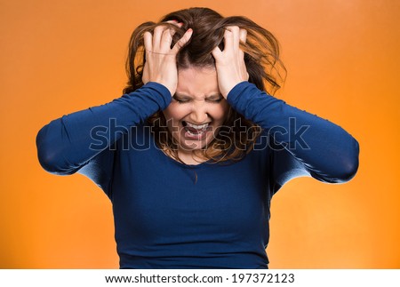 Closeup portrait  stressed business woman, pulling her hair out, yelling, screaming with temper tantrum isolated orange background. Negative human emotions, facial expressions, reaction attitude
