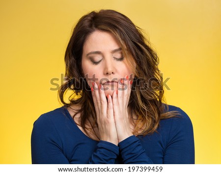 Closeup portrait young, stressed woman having so many thoughts, worried about future, thinking, isolated yellow background. Human facial expressions, feelings, emotions, attitude, life perception