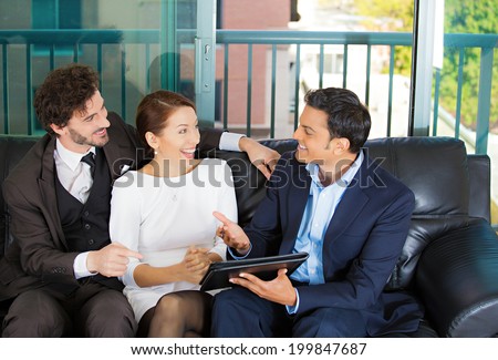 Picture manager, financial consultant, businessman banker presenting to young smiling married couple, business investment opportunity plan, isolated background city buildings. Finance smart decisions.