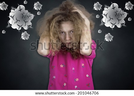 Closeup portrait angry, sad upset, grumpy, stressed little young girl, having nervous breakdown isolated black background. Negative human emotion facial expression feeling attitude reaction perception