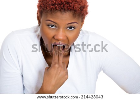 Closeup portrait young unhappy sick woman, sticking finger in throat, about to throw up, puke isolated white background. Negative emotion, facial expression. Excessive drinking, weight control issues