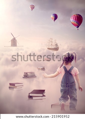In search for knowledge concept. Fantasy world imaginary view. Little girl walking down the book pass above clouds with windmill old ship in horizon. Life success of an educated person, human