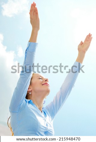 Happy Business woman, smiling, hands, arms raised up to blue sky, celebrating freedom. Positive human emotions, face expressions, feelings, life perception, success concept, peace of mind concept
