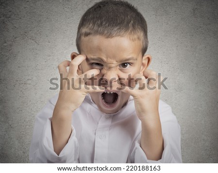 Closeup portrait angry child, Boy Screaming hysterical demanding, having nervous breakdown isolated grey wall background. Negative human Emotion Facial Expressions, body language, attitude, perception