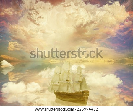 Vintage retro classic old sailboat on a dreamland surrealistic star skyline sky moon light background boat refection in water. Space travel vacation voyage paradise trip, adventure, tourism concept
