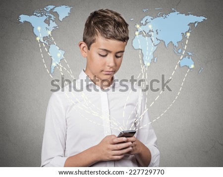 Modern communication technology mobile phone high tech, wide web connection concept. Teenager boy holding smartphone connected browsing internet worldwide world map background. 4g data plan provider