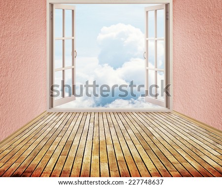 Room with open window and dreamland day light sky skyline view clouds outside outdoors. Happiness, freedom, escape, life perception, carefree, success, peace of mind, wellness concept