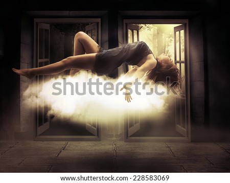 Silhouette female person levitating lady floating girl flying in apartment room. Astral travel, meditation mystical rapture state psychokinesis condition. Decision making. Magic energy show. Illusion