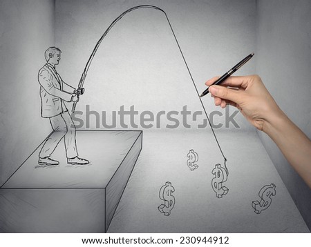 Hand drawn sketch picture of a business man fishing money from a pond. Economy finances wealth corporate culture wall street concept.