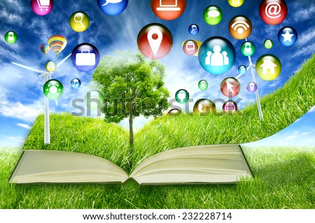communication technology high tech social media application symbol icon flying in green micro world book green grass wind energy turbines. Sustainable source electricity concept. Eco friendly approach