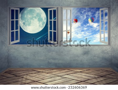 Empty room with wood floors two windows night sky with moonlight and daylight skyline with flying balloons. Screen saver image of a dreamland imagination. Apartment home interior Screen saver