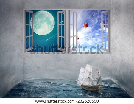 Abstract idea inside someones mind surrounded by limitation daily routine walls, no escape chance for future only dreams. Boat drifts in room with ocean water no course, windows with moon daylight sky
