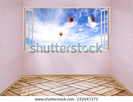 Room with open window and dreamland day light blue sky with air balloons, skyline view clouds outside outdoors. Happiness freedom escape life perception carefree success peace of mind wellness concept