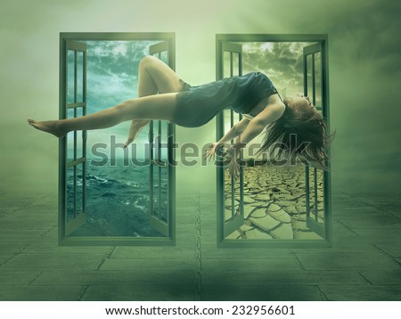 Levitation portrait young woman in her house. Lady floating girl flying in apartment room. Astral travel meditation mystical rapture state psychokinesis condition. Magic energy show human Illusion
