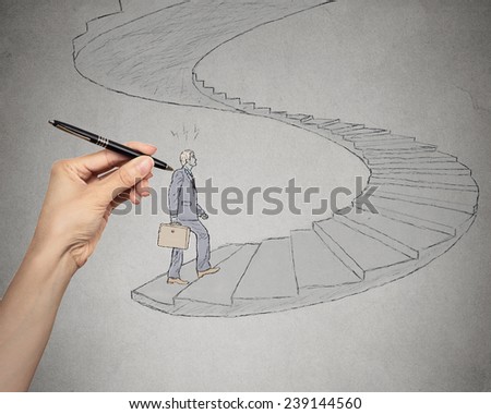 Sketch of business man walking up spiral stairways leading to corporate office. Promotion challenge career concept. Life perception vision attitude determination. Life of young entrepreneur