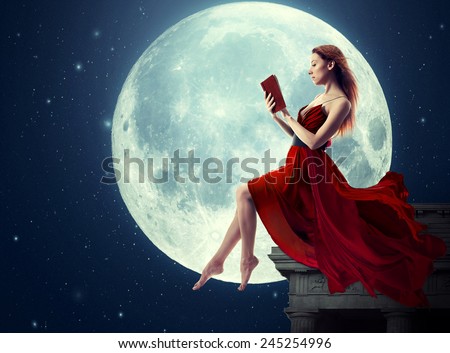 Cute woman, female reading book, moonlight sky night skyline, night skyline clouds background. Dreamy,  nature landscape screen saver, artistic illustration. Elements of this image furnished by NASA
