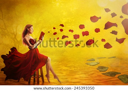 Cute woman reading book, magic sunset fall background. Petals flying over lake, surreal ideal relaxing place. Dreamy nature landscape, vintage screen saver artistic illustration. Peace of mind concept