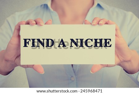 Closeup businesswoman hands holding white card sign with Find a Niche text message isolated on grey wall office background. Retro instagram style image. Research development concept